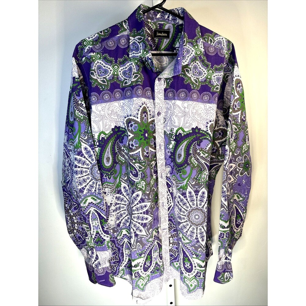 Vintage Neiman Marcus Mens Purple Paisley Shirt long S Sz XL Psychedelic